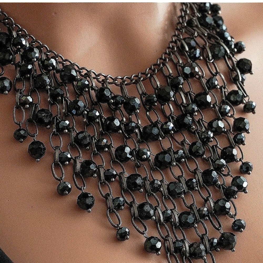Black‎ Beaded Bib Statement Necklace Gunmetal Waterfall Drip Gothic Jewelry